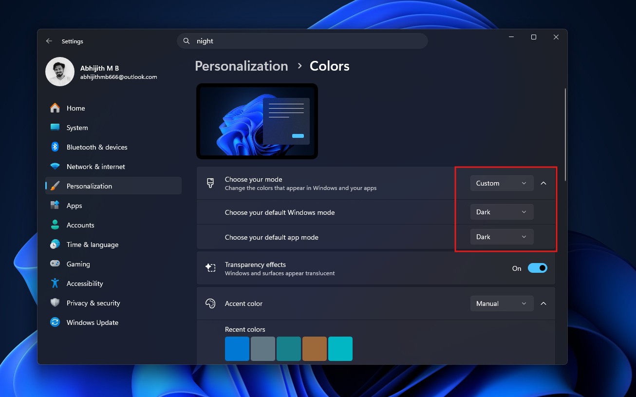 Customize dark mode in Windows 11