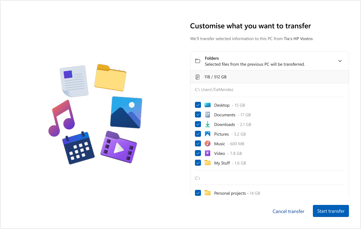 Customize what you want to transfer on Windows 11