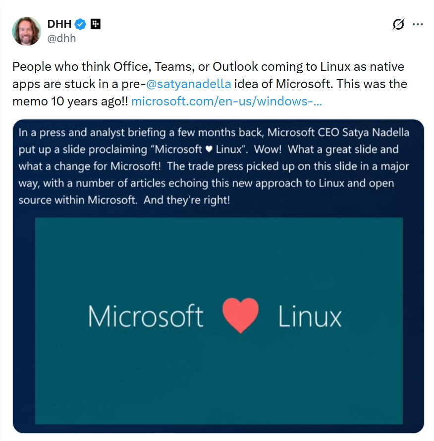 DHH is aware that Microsoft has no plans to bring native Office apps to Linux