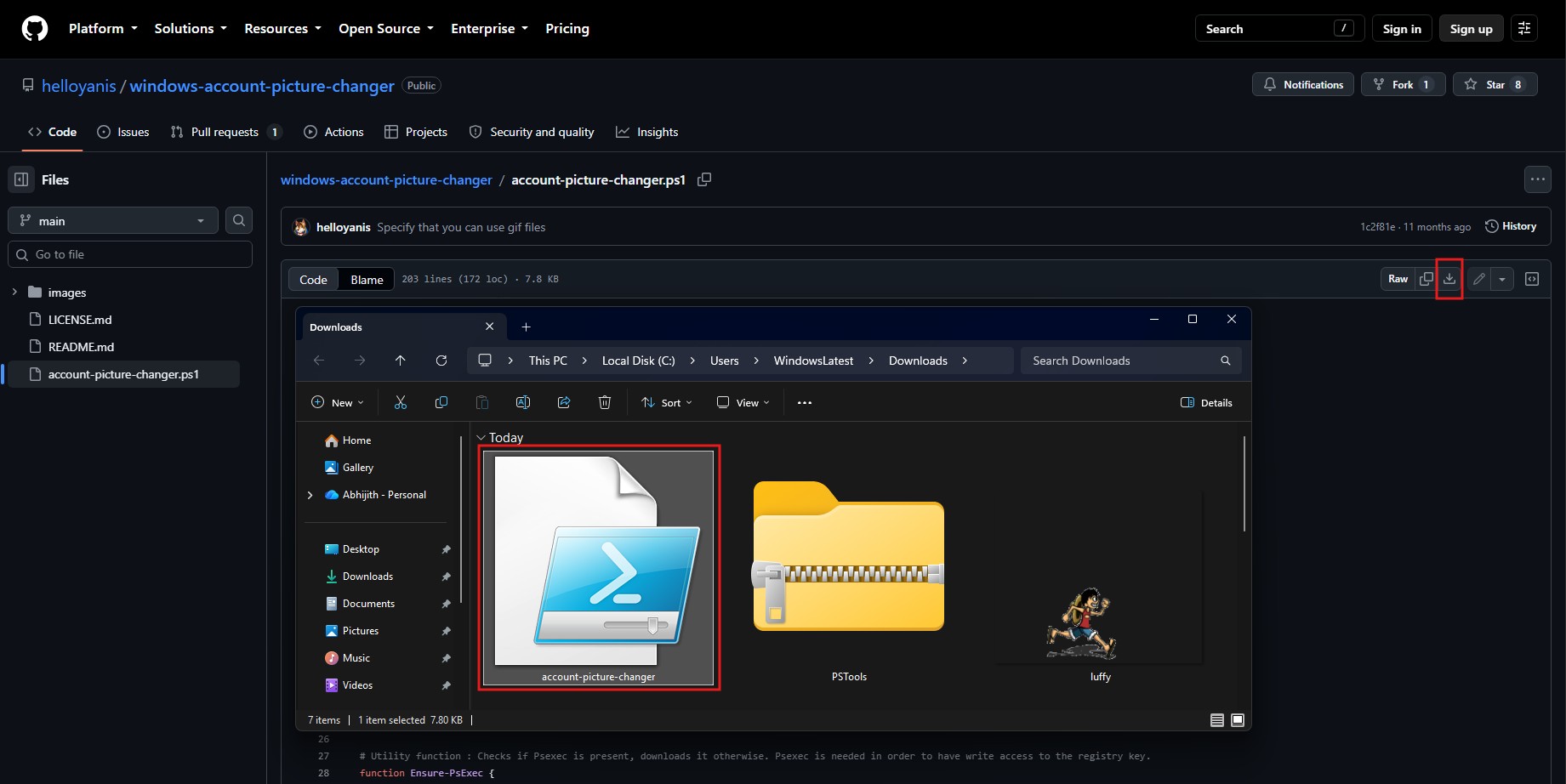 Download PowerShell script to change profile picture in Windows 11