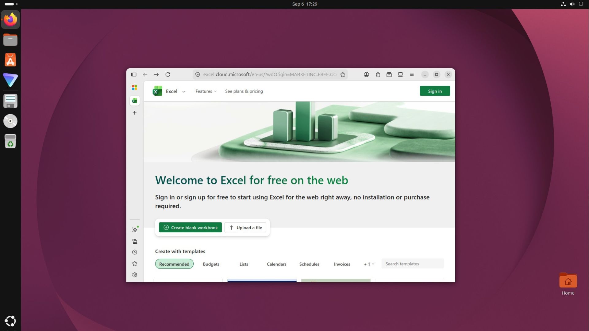 Excel on the Web in Linux Ubuntu