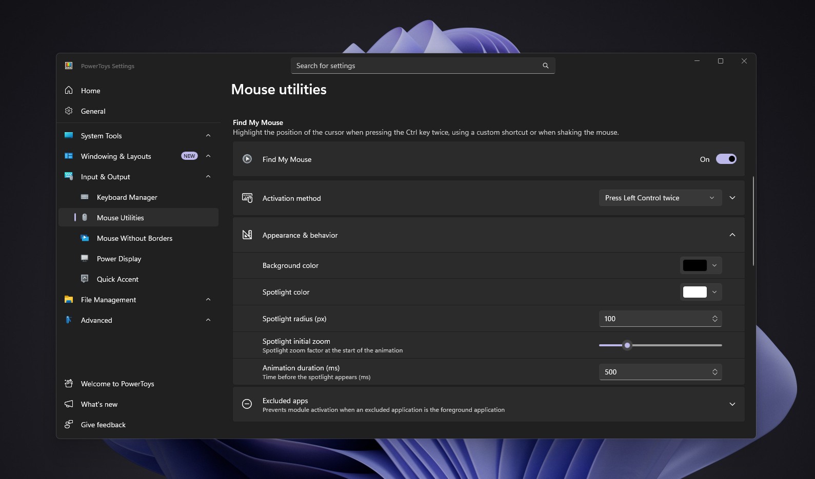Find My Mouse settings in PowerToys