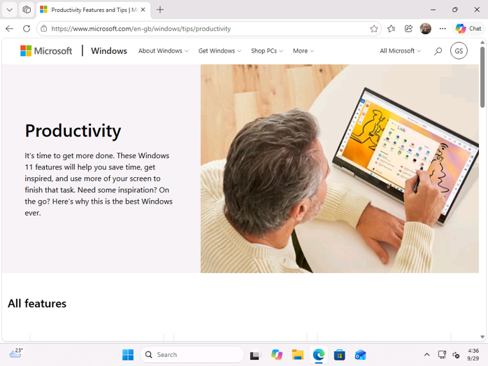 Microsoft’s Productivity tips page opened from the Tips widget.
