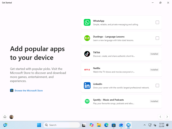 TikTok, Netflix and Spotify installed from Get Started without opening the Microsoft Store.