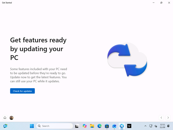Get Started asks you to check for updates after setup.