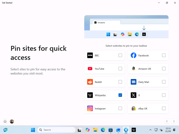 The site pinning page lists UK websites on my PC, with Wikipedia pinned to the taskbar.