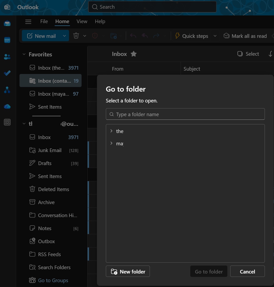Go to folder in New Outlook