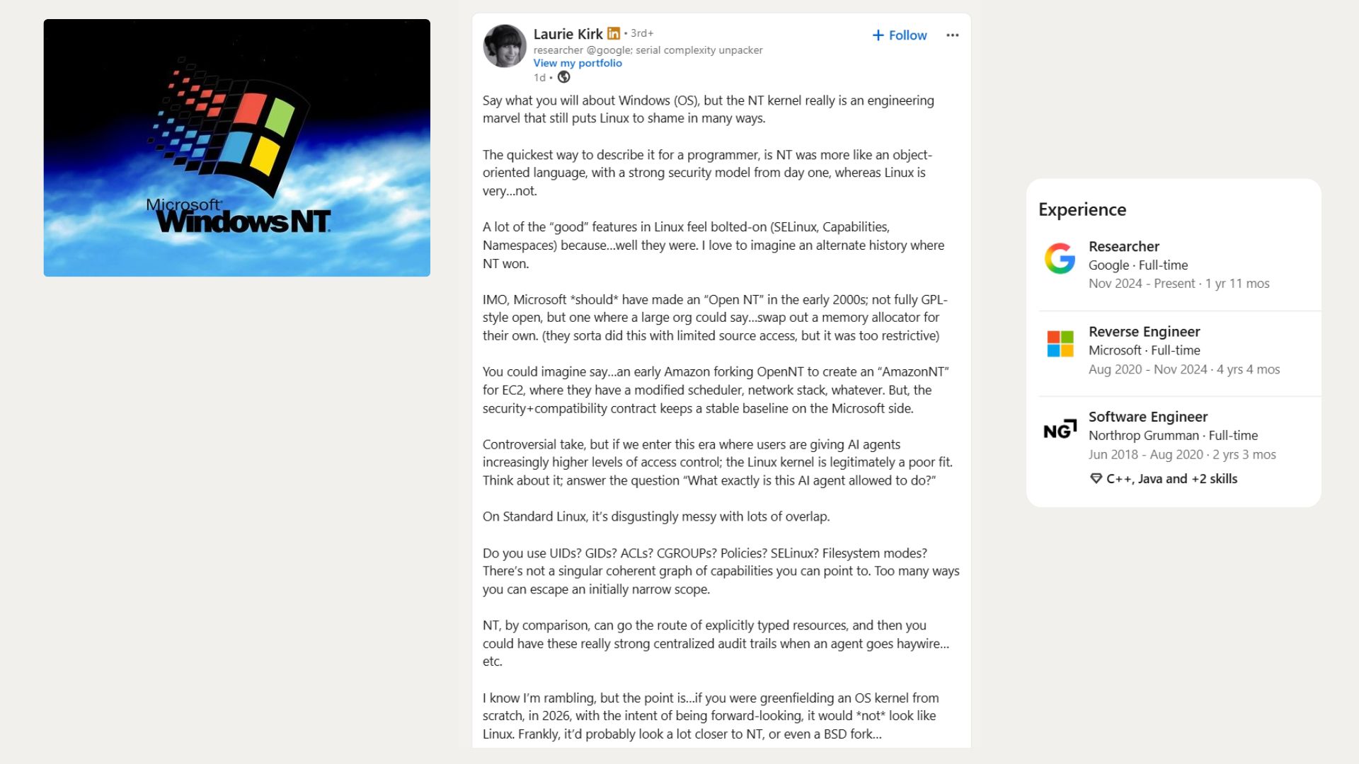 Google researcher Laurie Kirk argues Windows NT kernel outclasses Linux