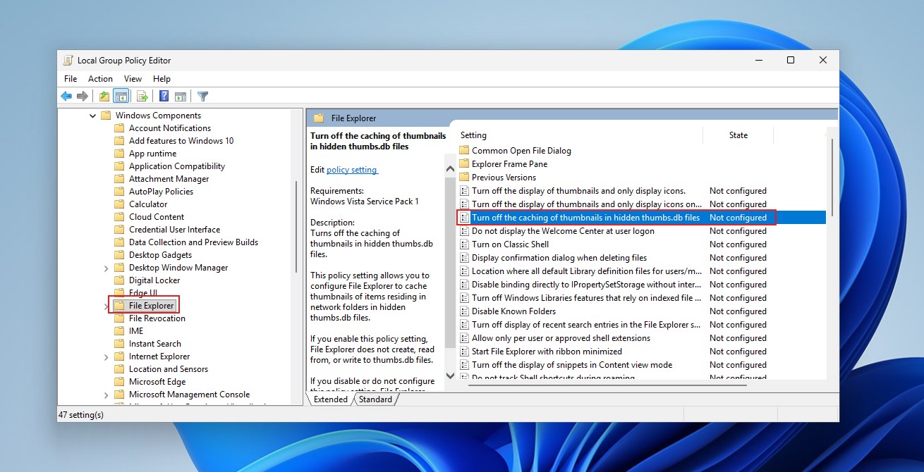 Group Policy Editor to prevent Windows from creating Thumbnail cache