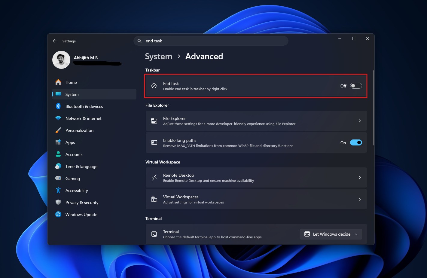 How to turn on End task feature in Windows 11