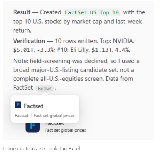 Inline citations in Copilot for Excel