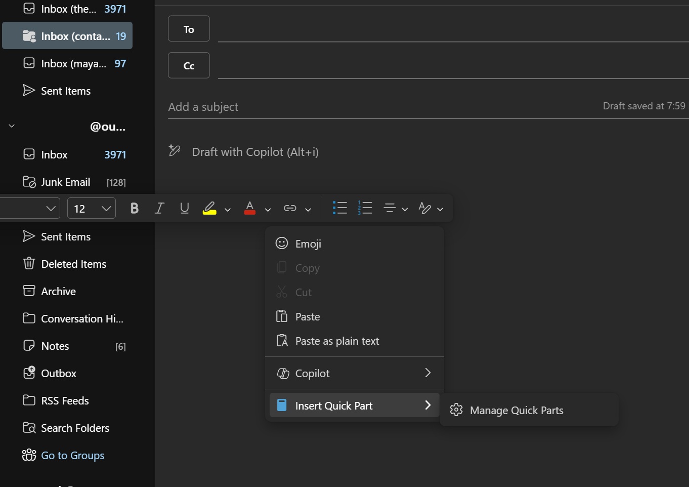 Insert Quick part in New Outlook from right-click menu