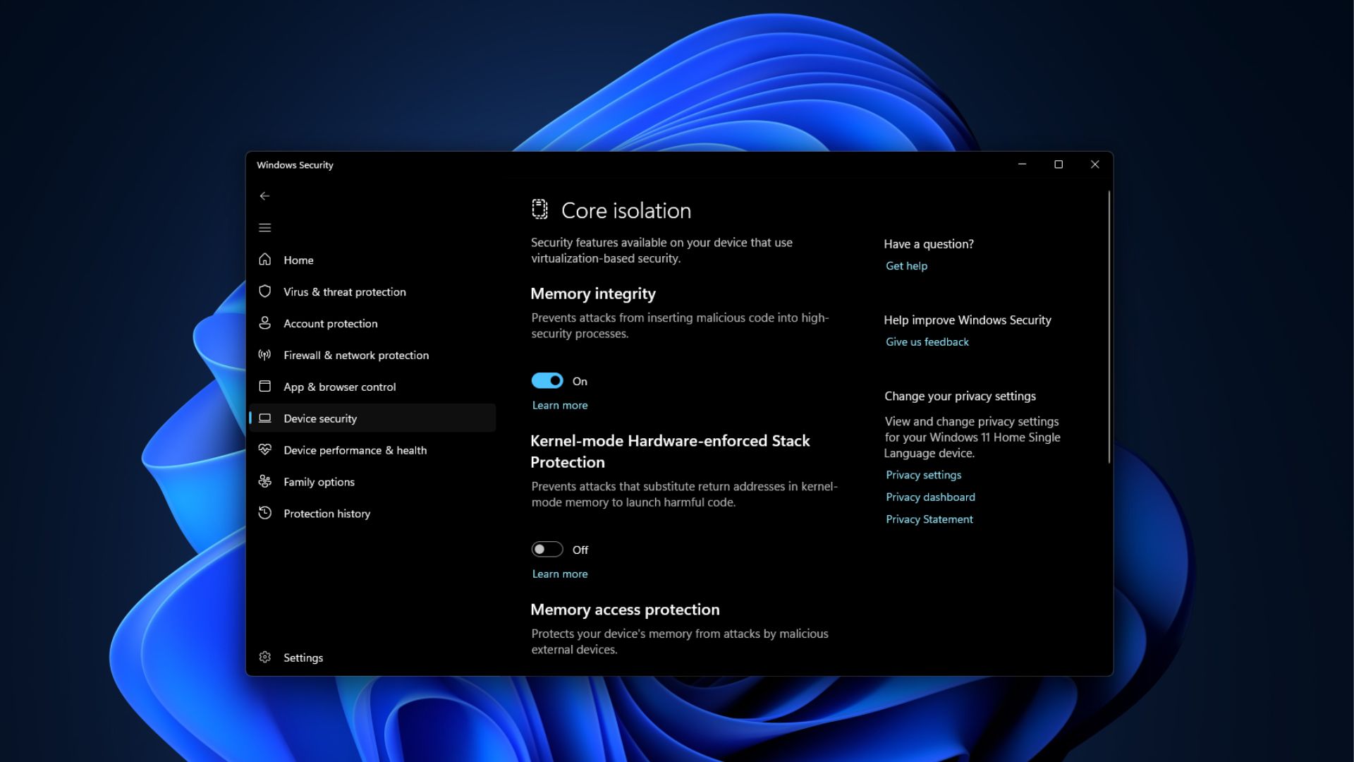 Memory Integrity turned on in Windows Security