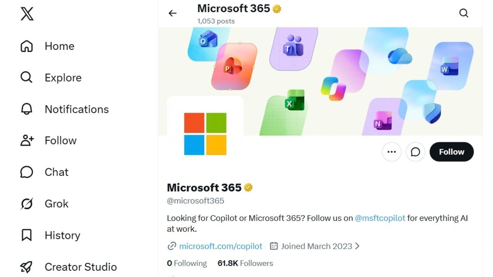 Microsoft changed the bio of Microsoft 365 X account asking to follow MSFTCopilot