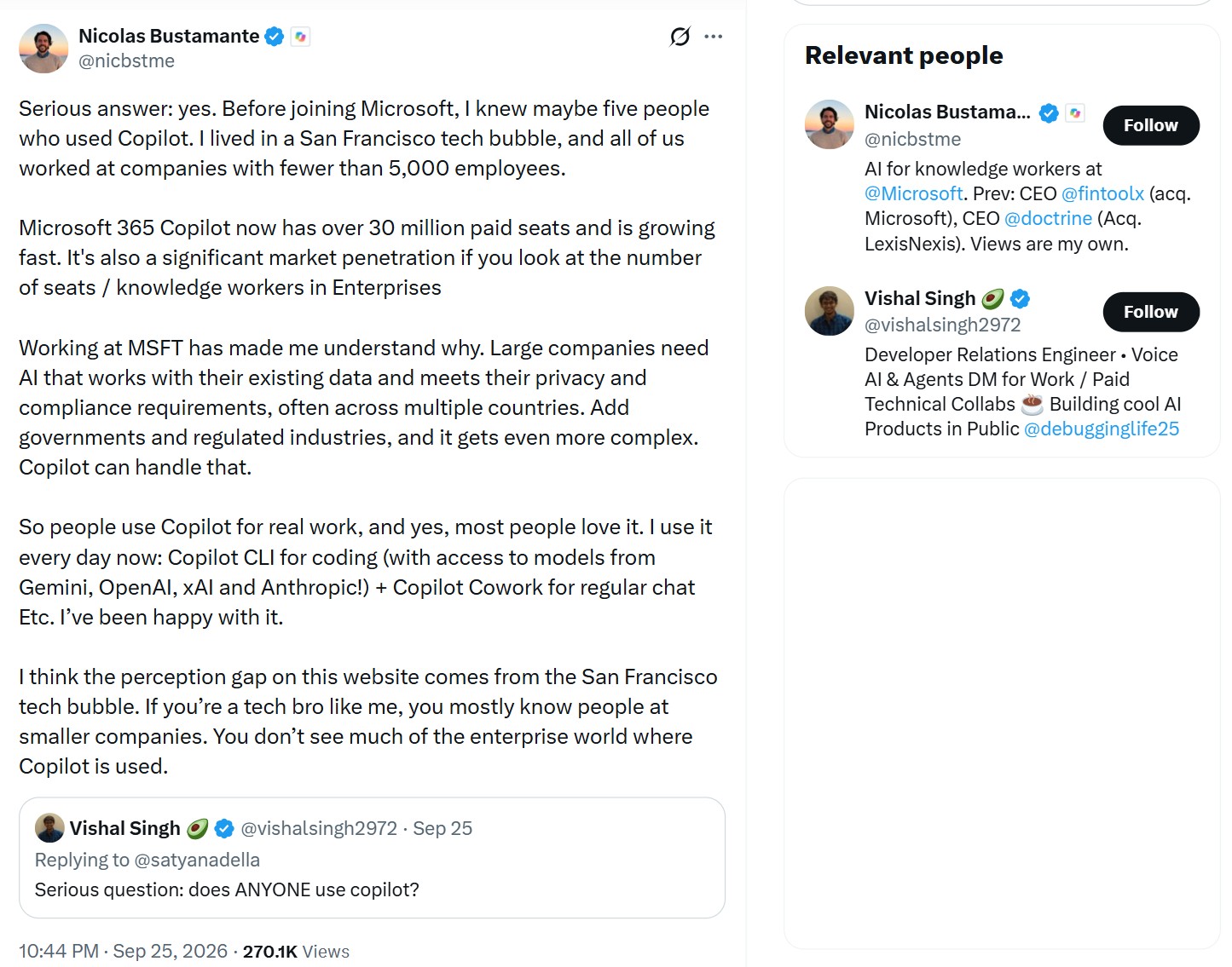 Microsoft employee defends Copilot as commenter mocks it under Satya Nadella's post