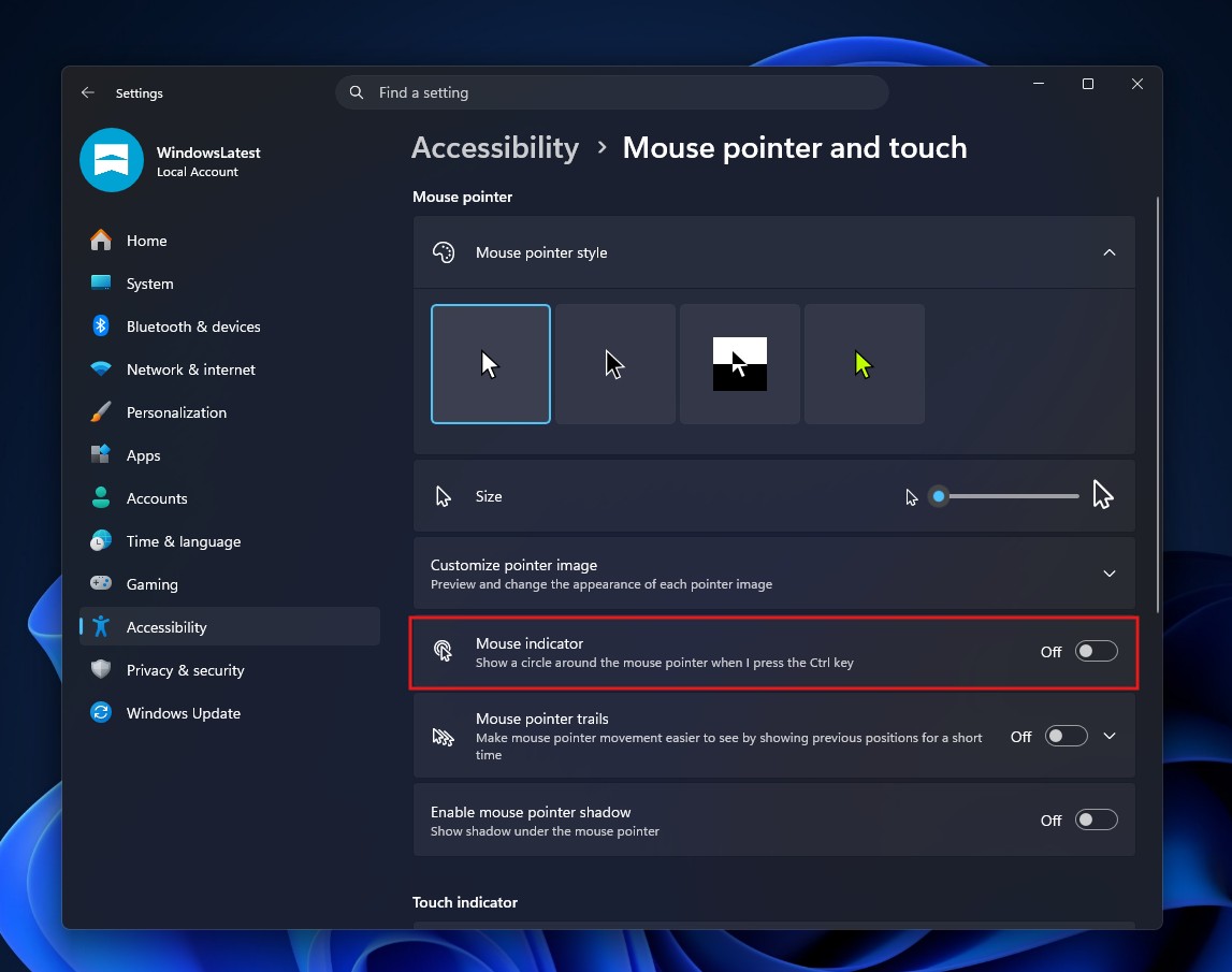 Mouse Indicator settings before the update