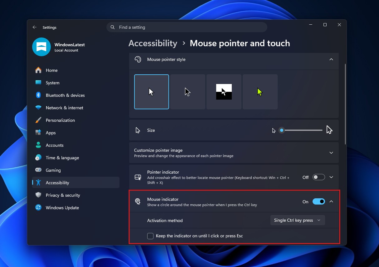 Mouse indicator settings after the update