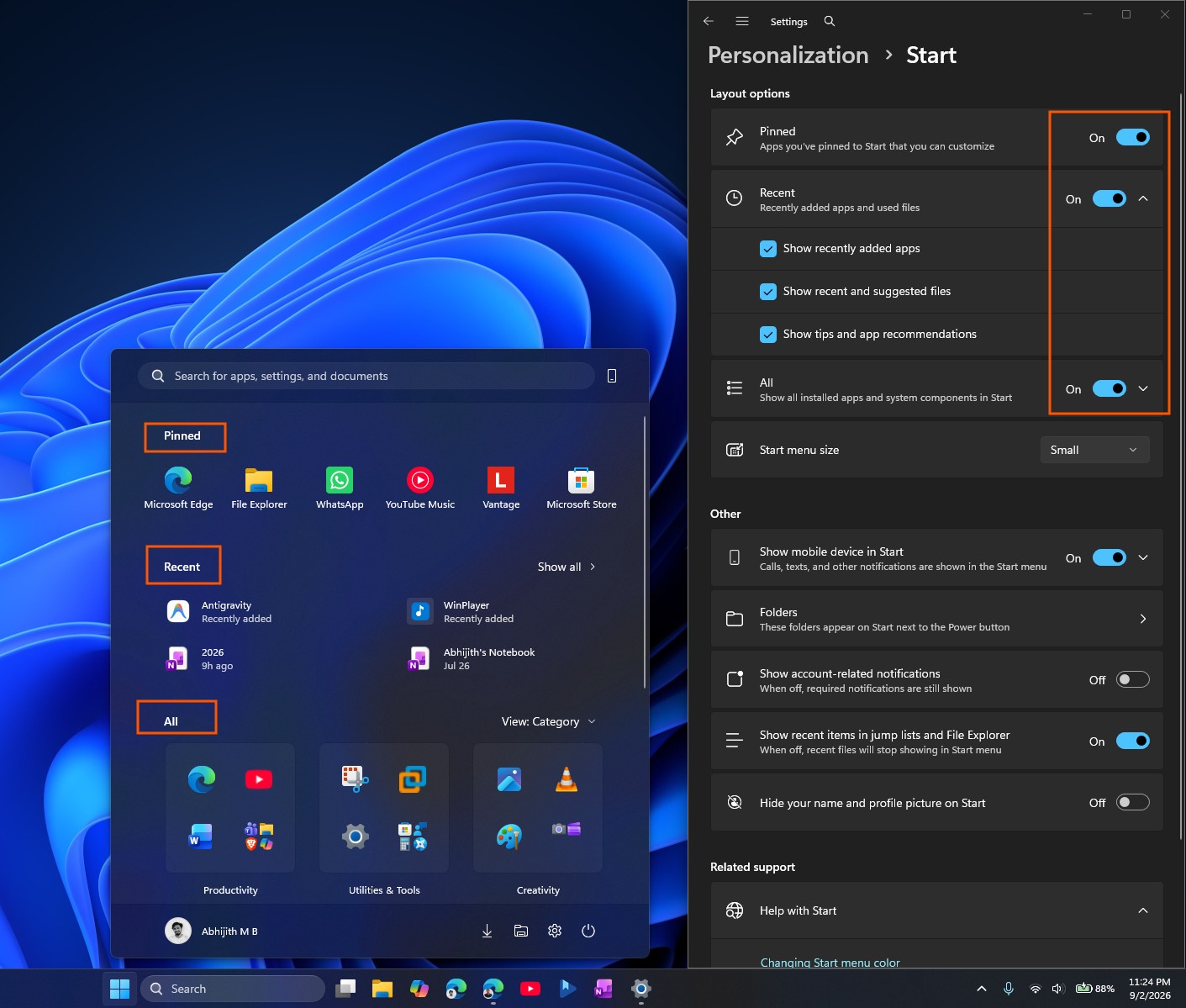 New toggles to hide Pinned apps, Recent and All apps in Windows 11 after August 2026 optional update