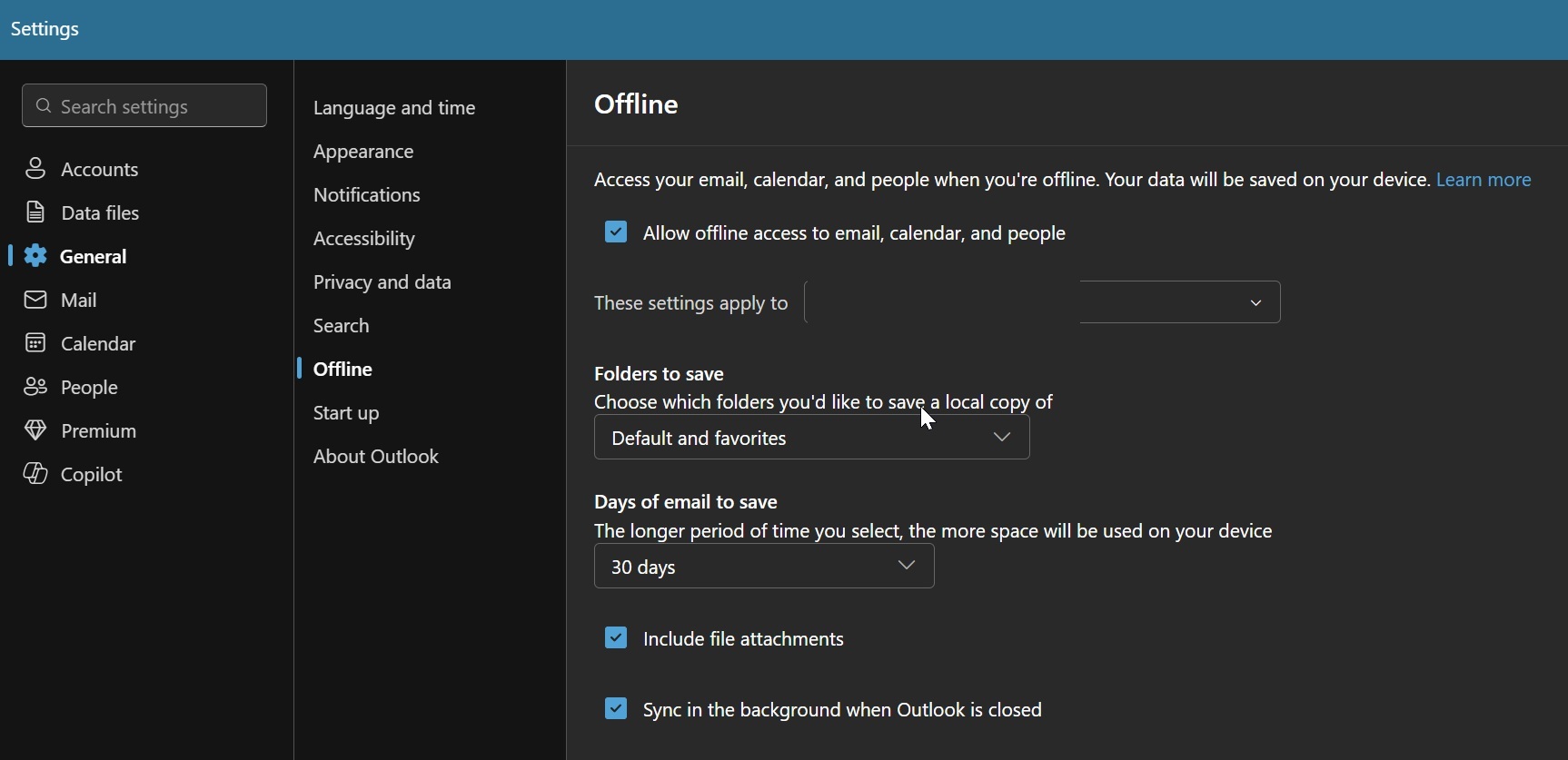 Outlook Offline settings