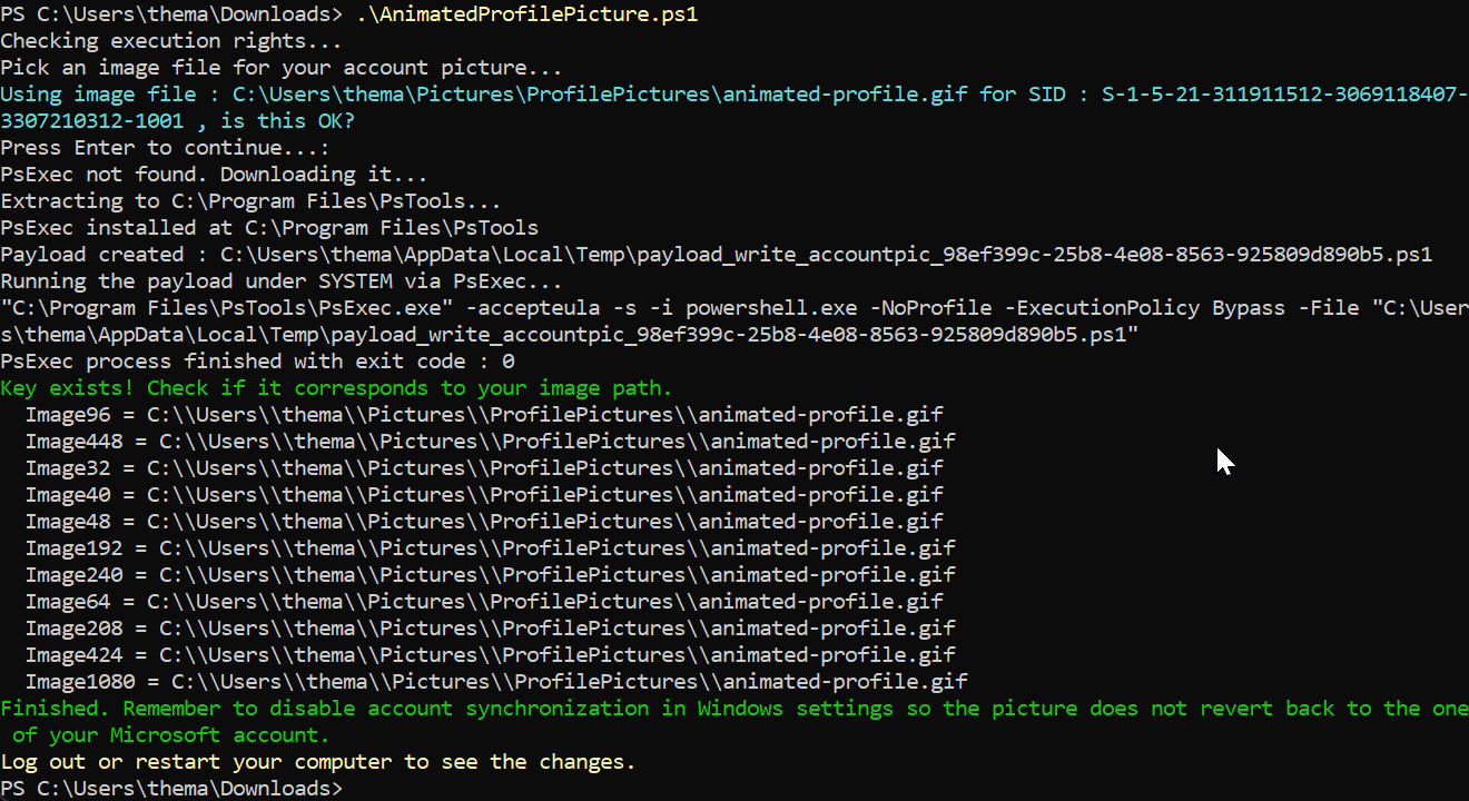 PowerShell script activating Animated Profile Picture