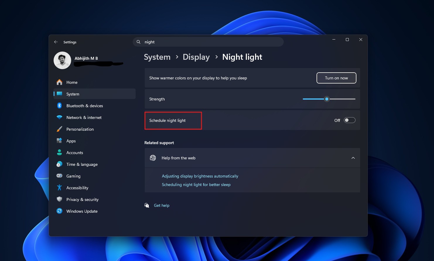Schedule Night Light option in Windows 11