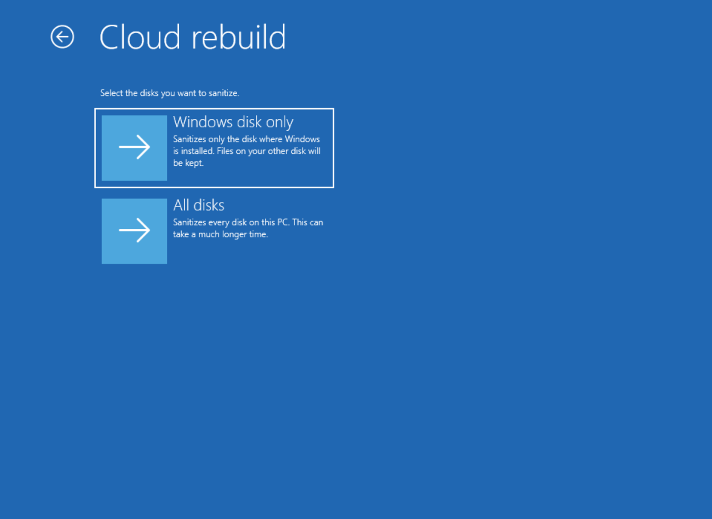 Select disks option in Cloud Rebuild sanitization