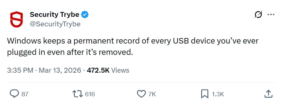 Social media post saying Windows keeps a permanent record of every USB device you've ever plugged in