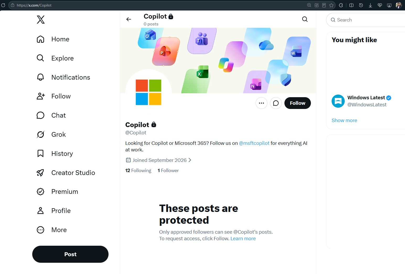 The Copilot X profile is now closed with all posts removed