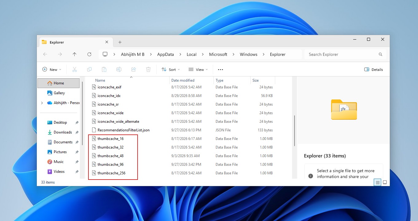 Thumbnail cache data base files in Windows 11
