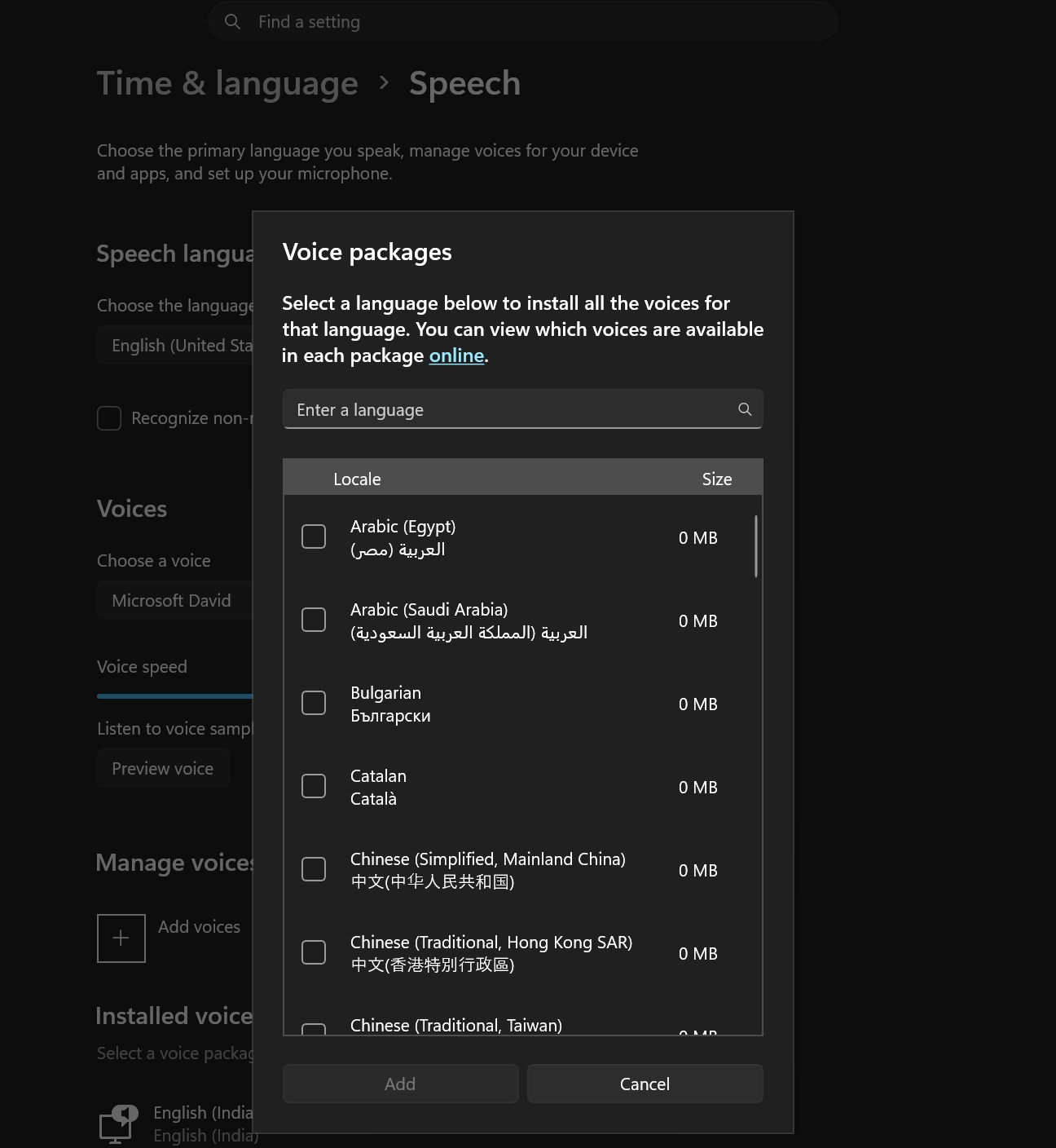 Voice packages in Windows 11