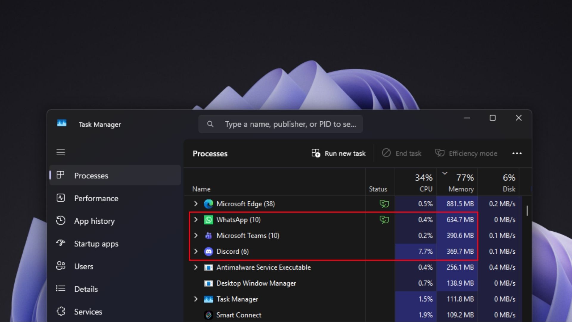 WhatsApp, Teams and Discord combined using 1.5GB RAM while being idle