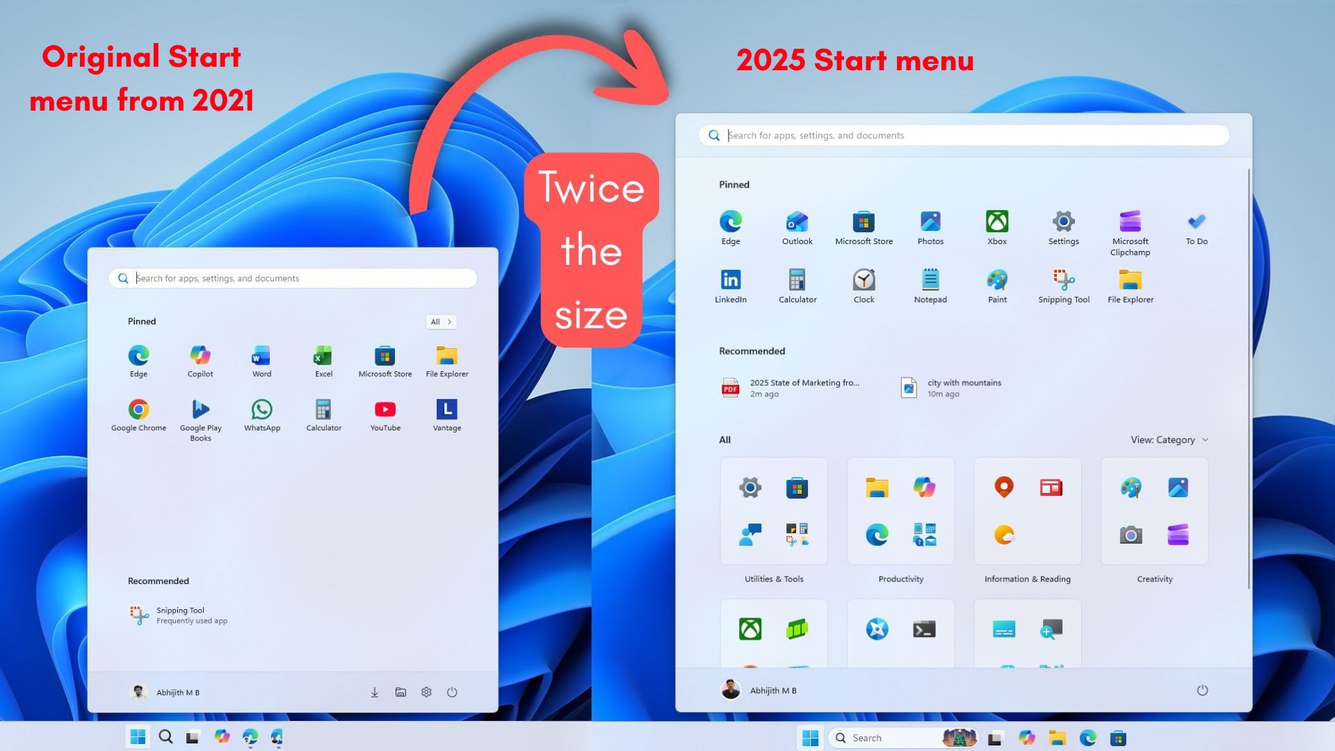Windows 11 Start menu grew in size considerably in 2025