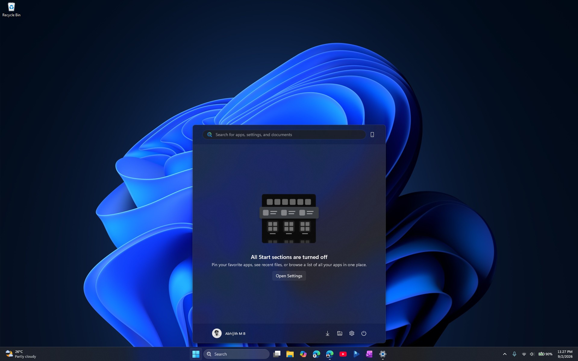 Windows 11 Start menu when all sections are turned off