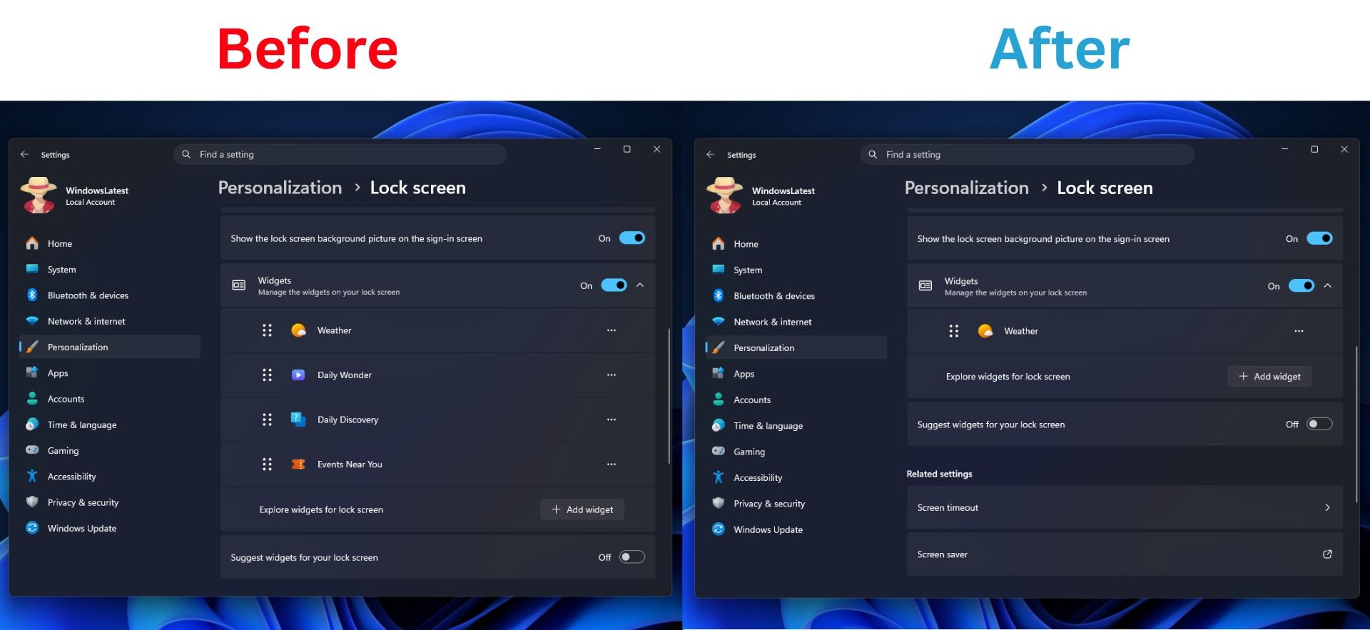Windows 11 lock screen personalization settings before and after update