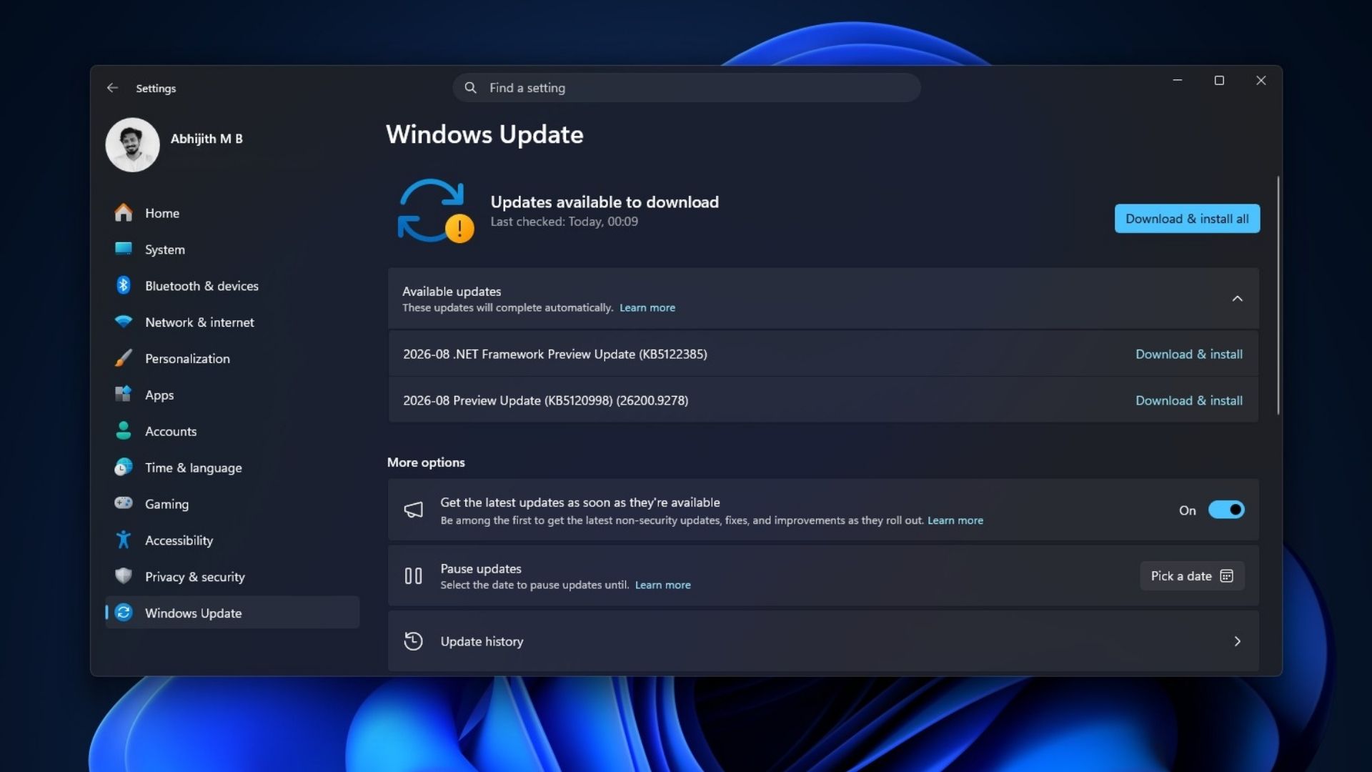 Windows 11 showing all updates under Available updates for one single restart