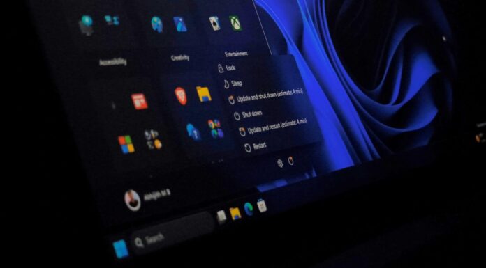 Windows 11's Power menu showing separate Shut down, Restart, Update and shut down, and Update and restart options