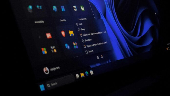 Windows 11's Power menu showing separate Shut down, Restart, Update and shut down, and Update and restart options