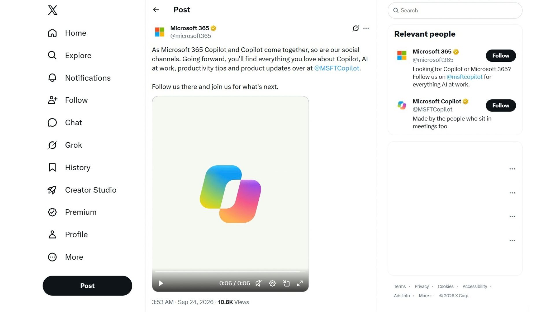 X post about merging Microsoft 365 Copilot and Copilot