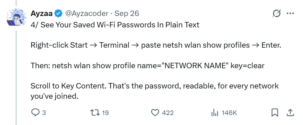 X post showing how to find network name and password