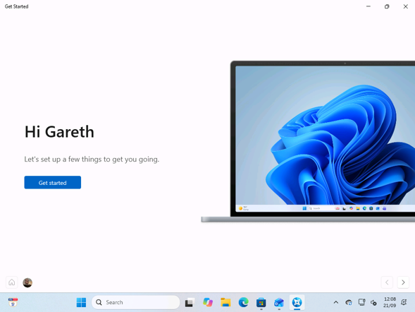Get Started opens automatically after Assisted Setup and greets you by name.