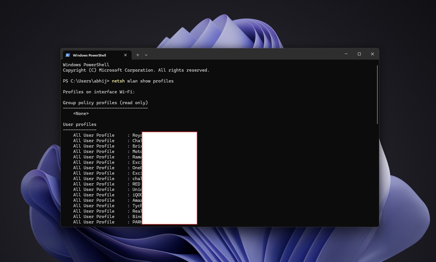 netsh wlan show profiles showing all networks previously connected