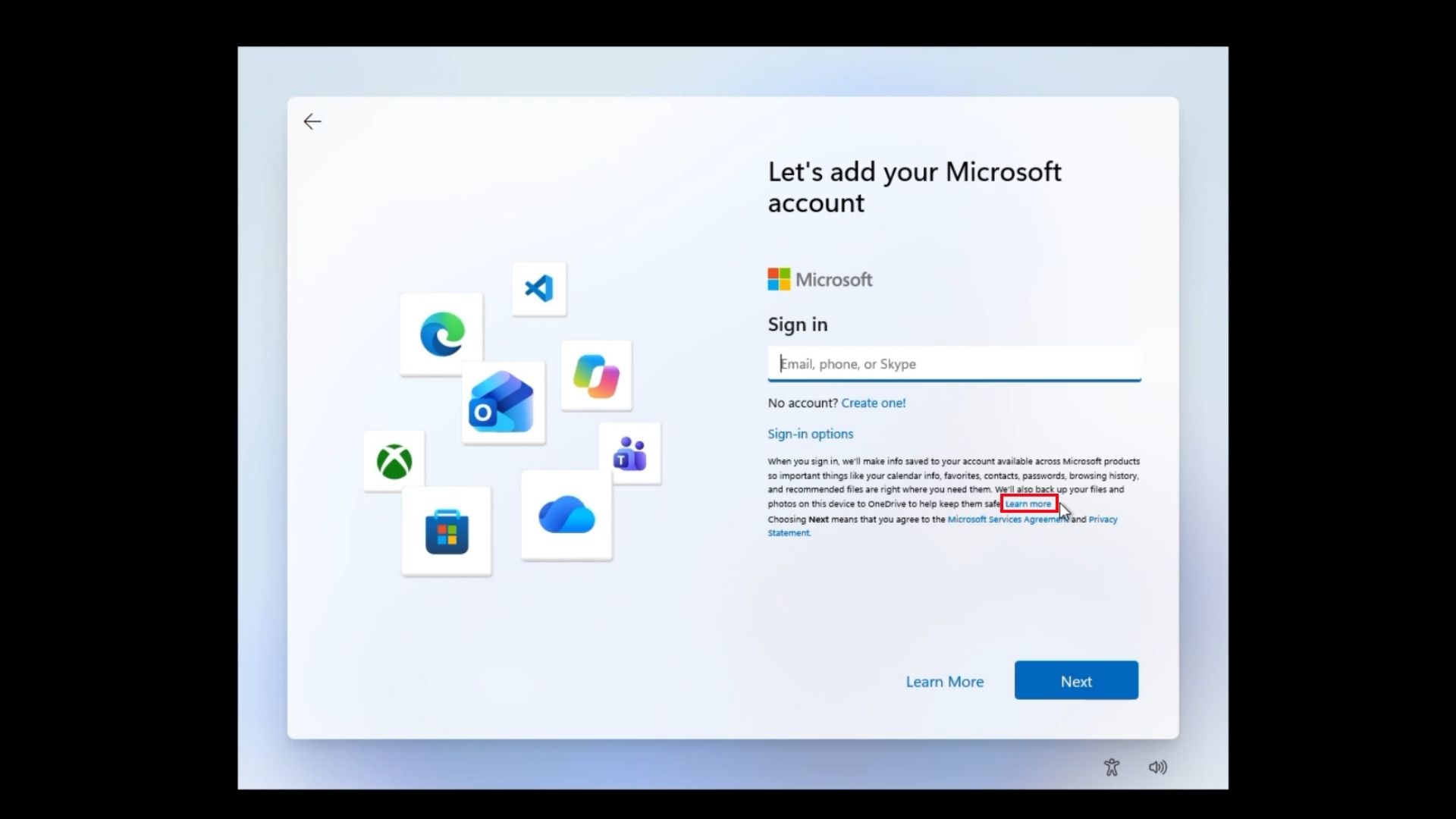 new Learn more trick to avoid MSA in Windows 11 OOBE