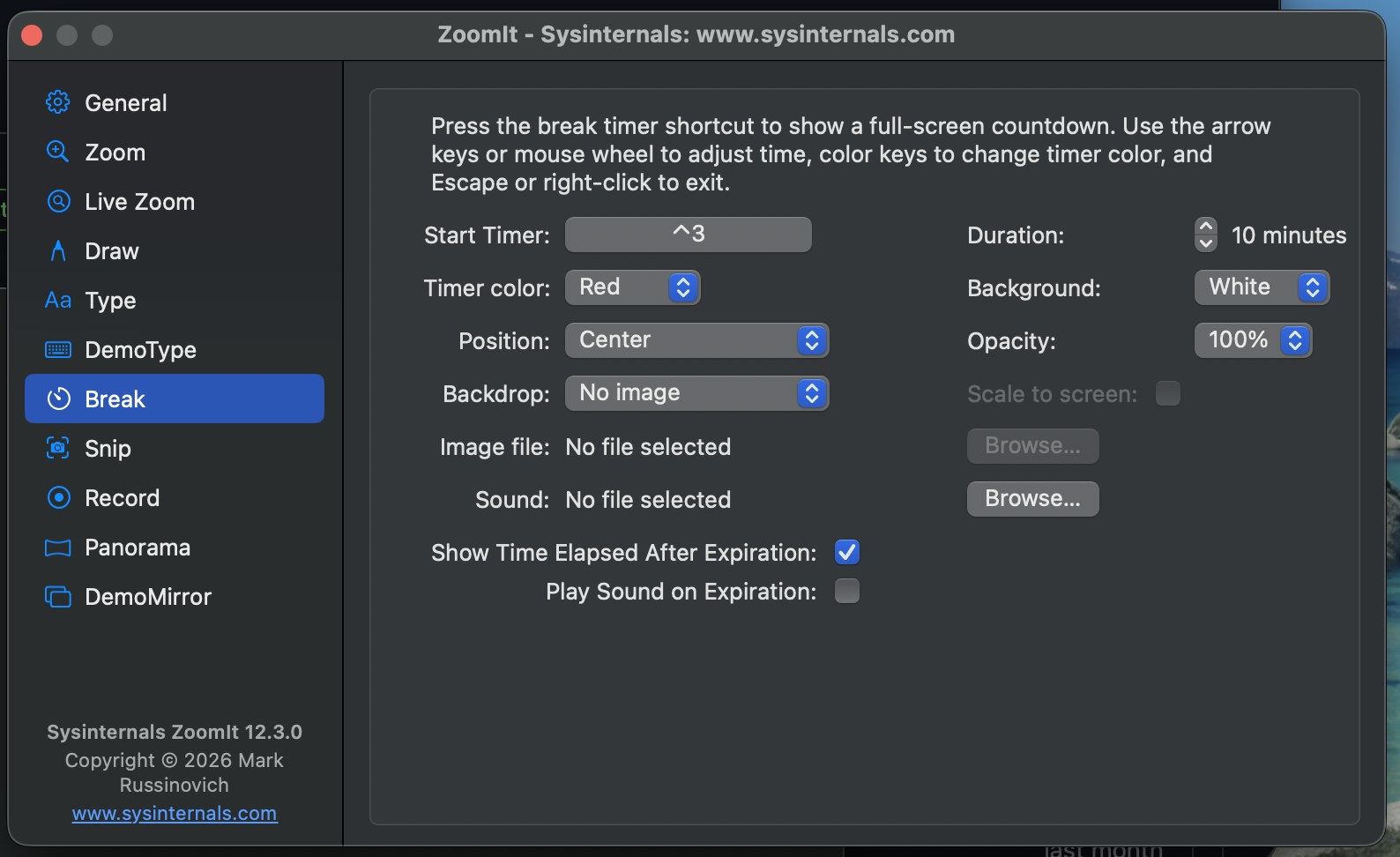 ZoomIt break timer settings on macOS