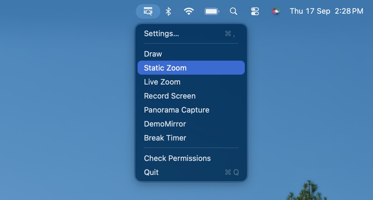 ZoomIt menu bar options on macOS