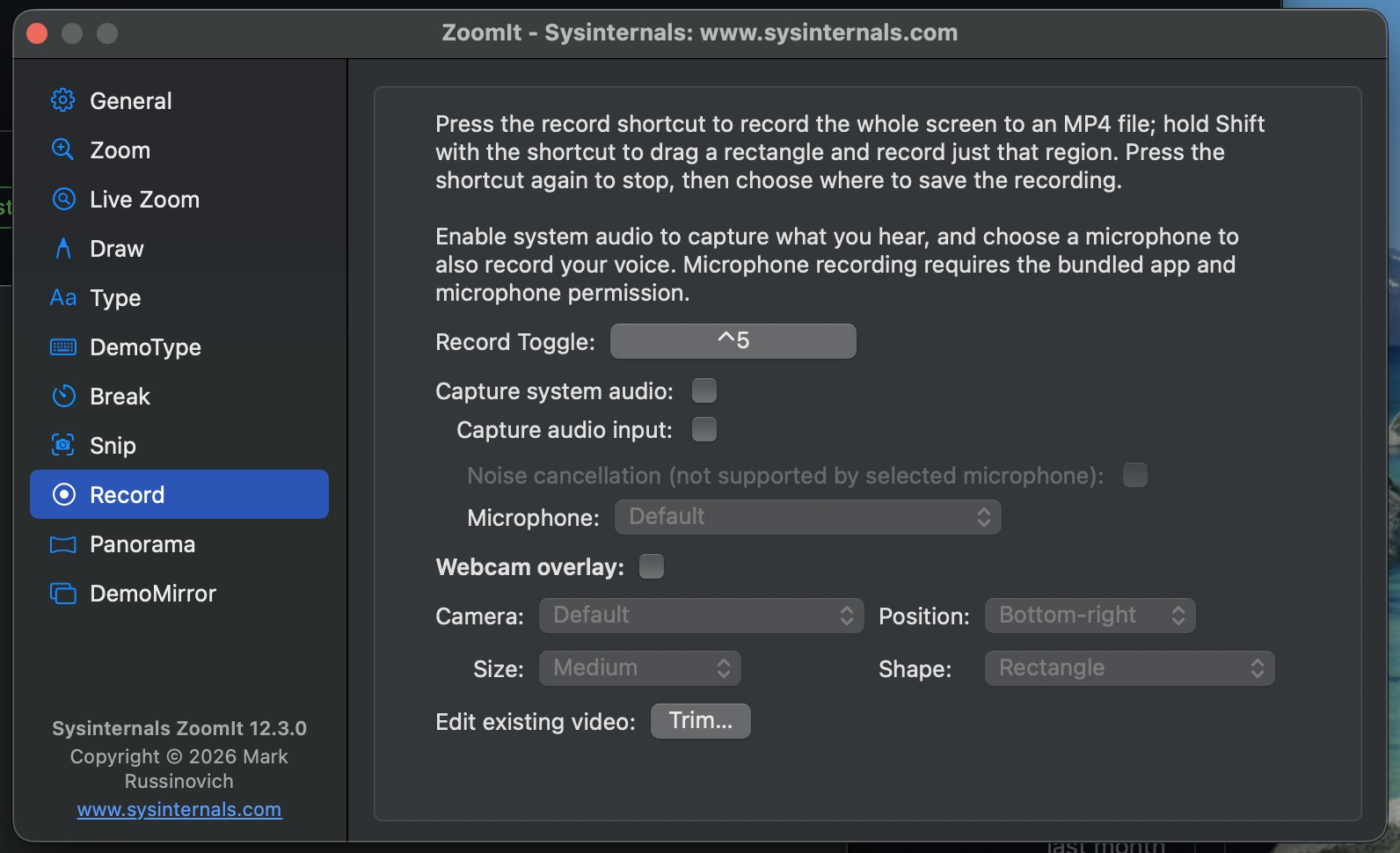 ZoomIt screen recording settings on macOS
