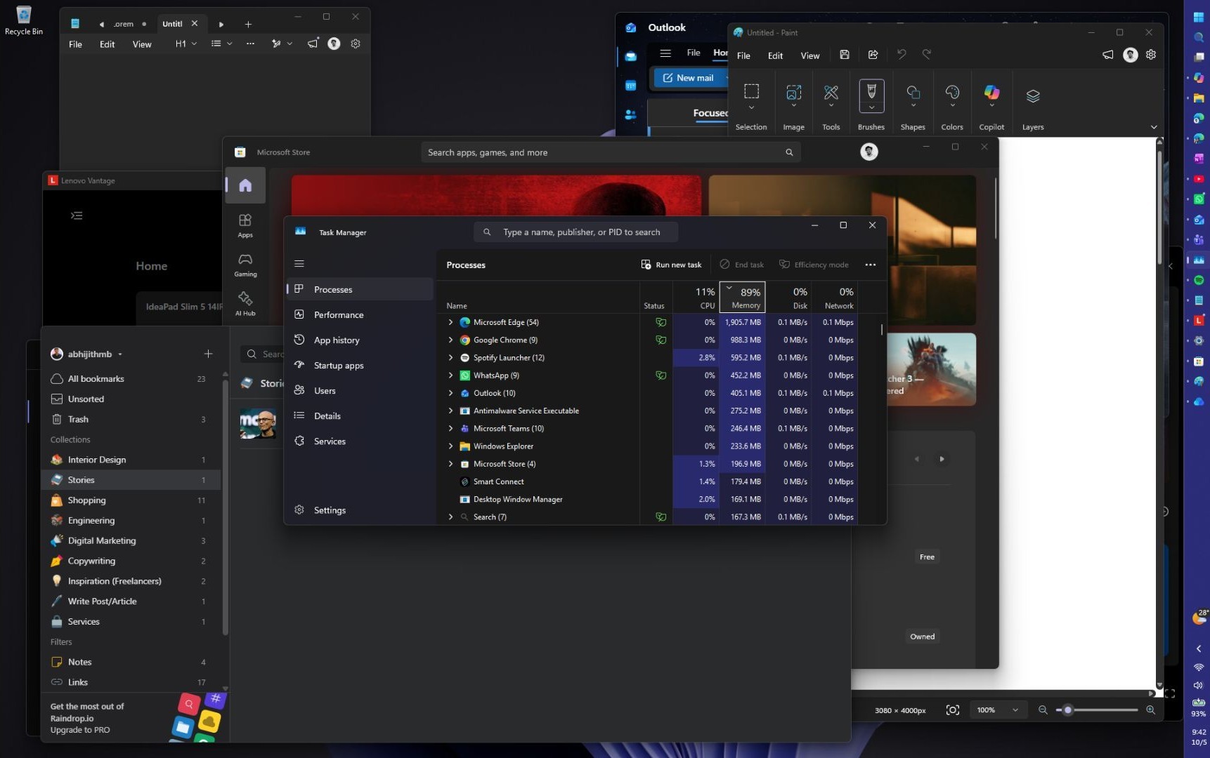 A bunch of apps open in Windows 26H2 PC, but RAM usage still below 90%