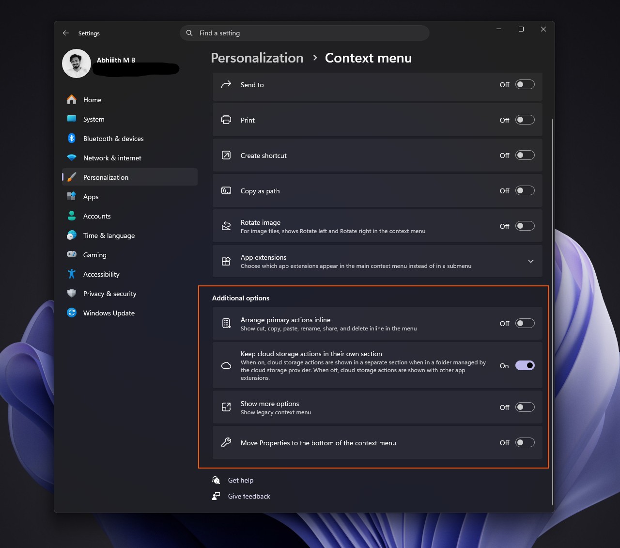 Additional options in the Windows 11 context menu settings page
