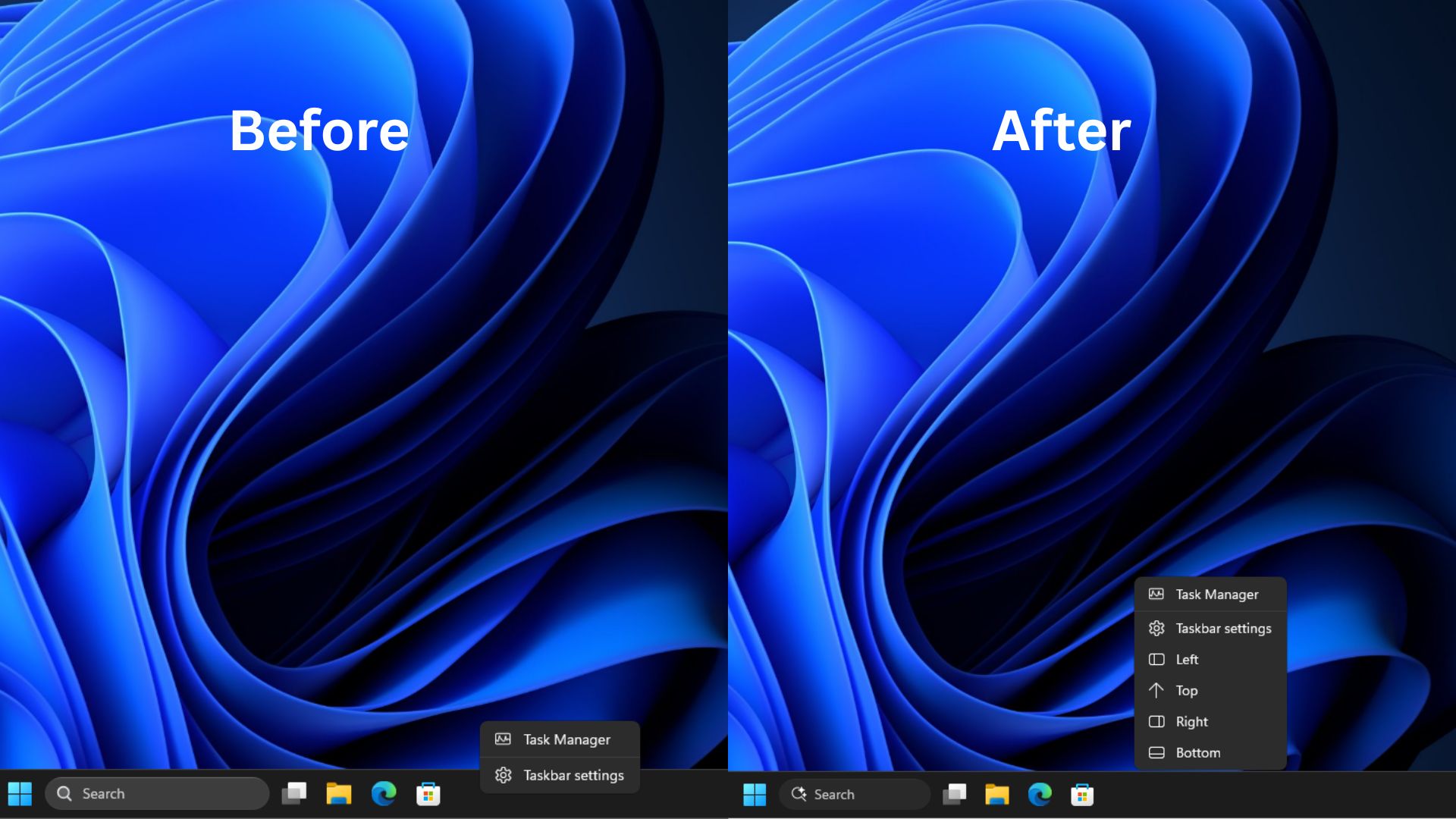 Before and After of the taskbar right-click menu to move taskbar