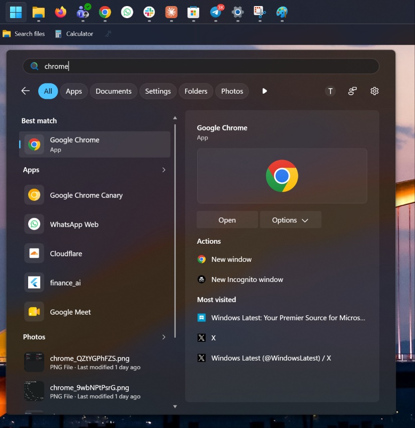 Chrome in Windows Search