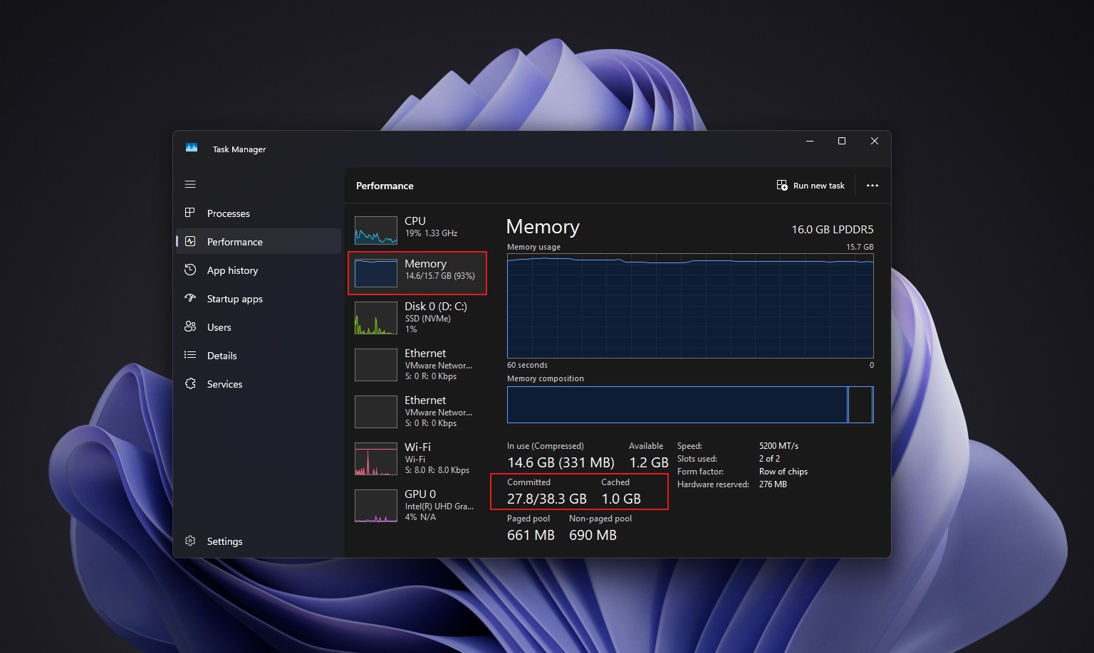 Committed and Cached memory usage in a PC with 16GB RAM